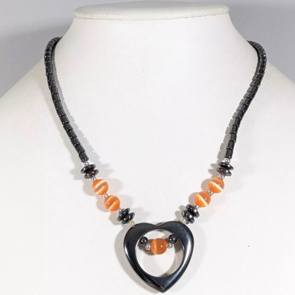 Gunmetal Gray Hematite Stone Heart Orange Glass Cats Eye Bead Necklace 18 inch